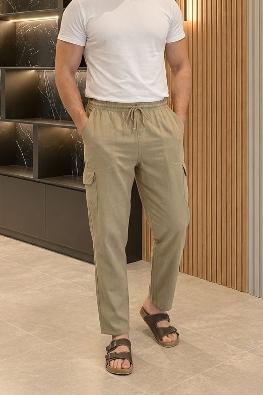 Keten Beli Lastikli Kargo Cepli Erkek Pantolon Açıkhaki