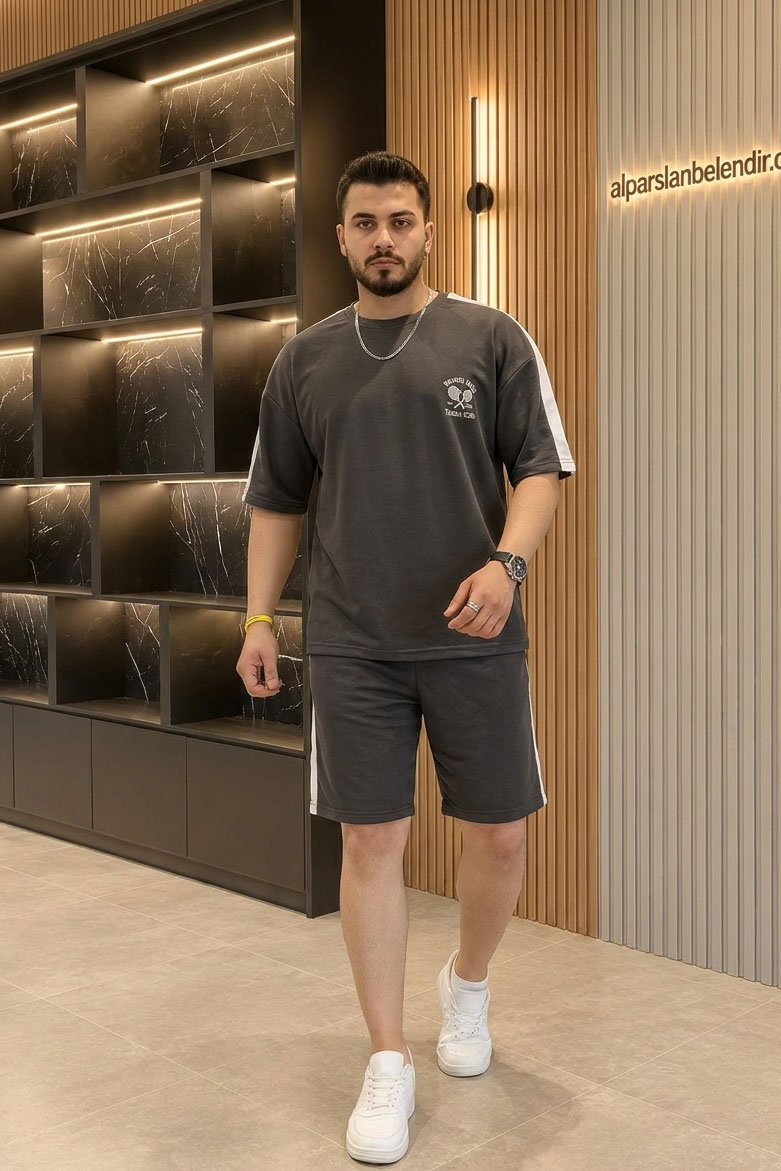 İki İplik Garnili Erkek Şort Takım Antrasit