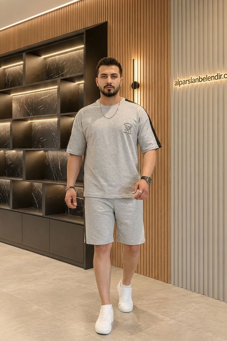 İki İplik Garnili Erkek Şort Takım Gri