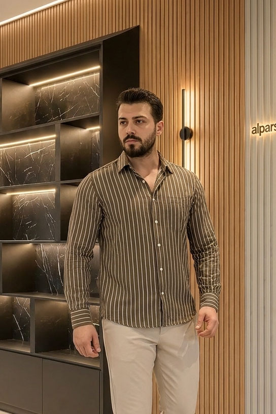 Çizgili Ayrobin Salaş Erkek Gömlek Açıkkahve