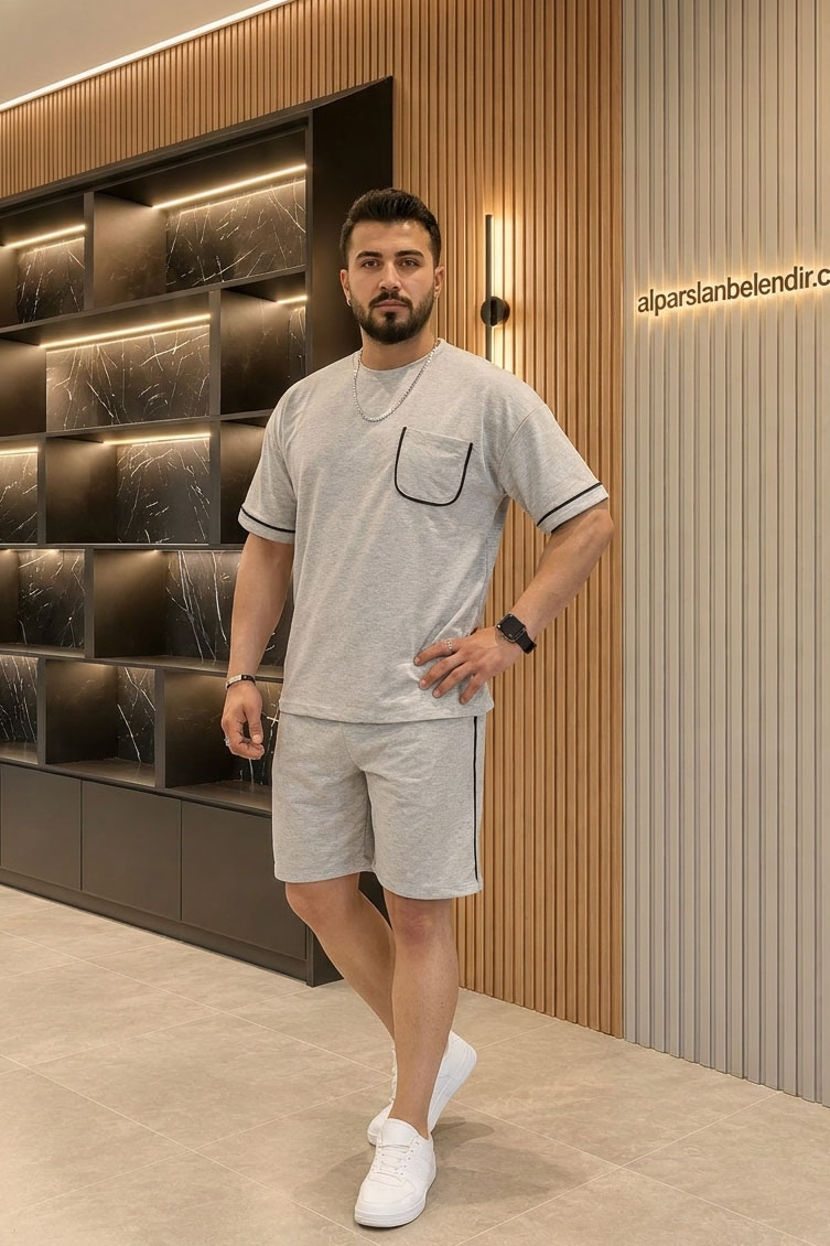 İki İplik Biyeli Erkek Şortlu Takım Gri