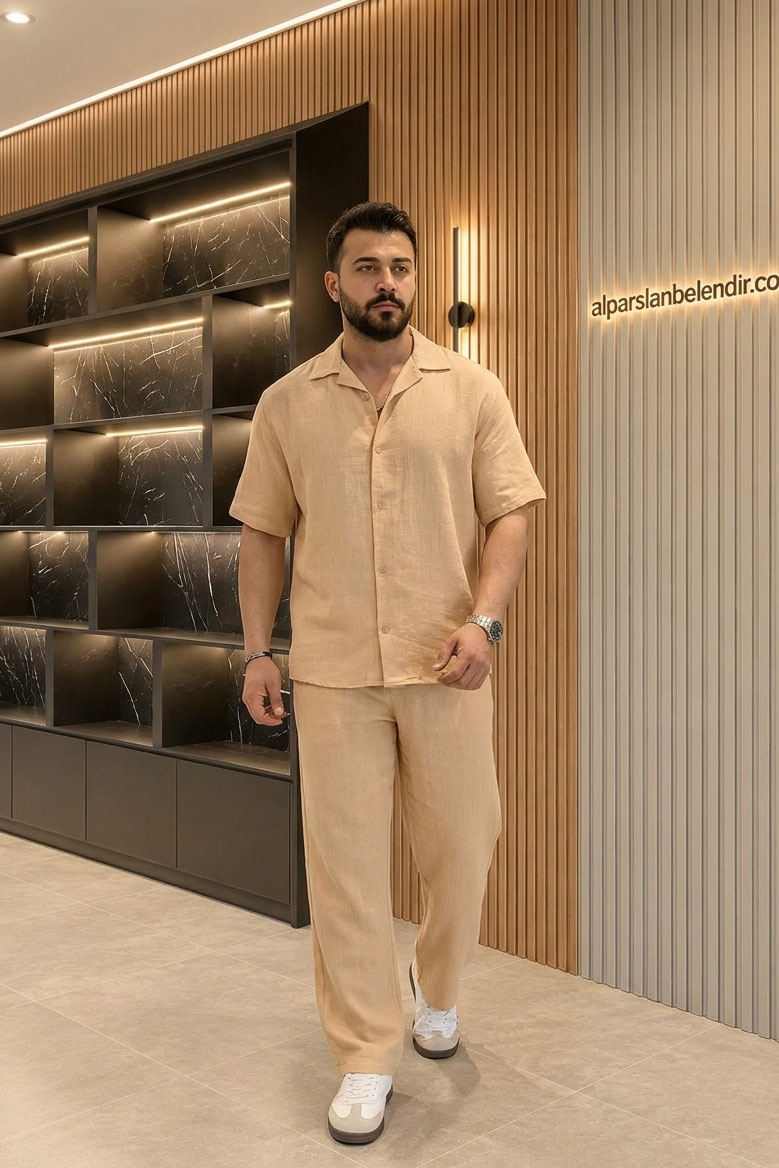 Erkek Oversize Müslin Gömlekli Takım Bej