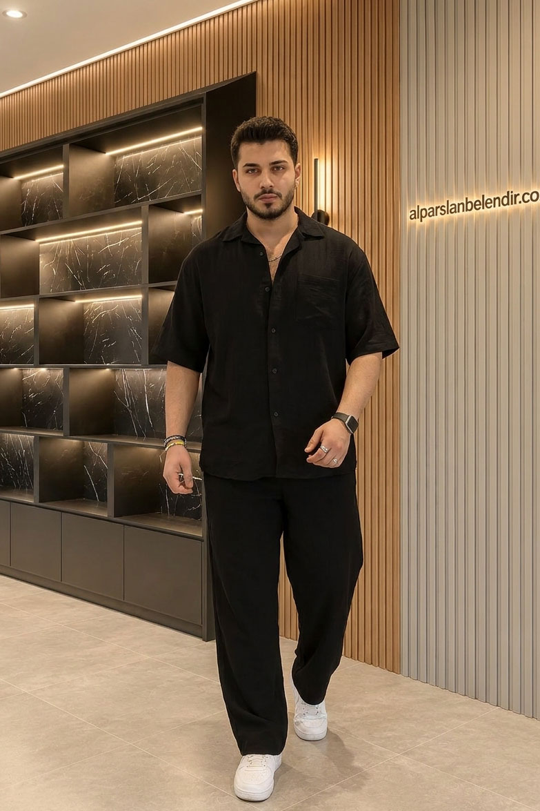 Oversize Müslin Gömlekli Takım Siyah