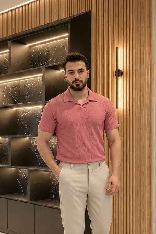 Polo Yaka Bürümcük Erkek Tişört Gül Kurusu