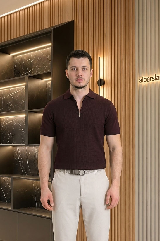 Polo Yaka Fermuarlı Kısa Kollu Erkek Triko Mürdüm