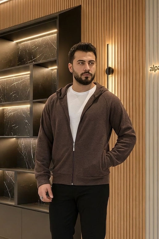 Selanik Kumaş Kapşonlu Erkek Sweat Acıkahve