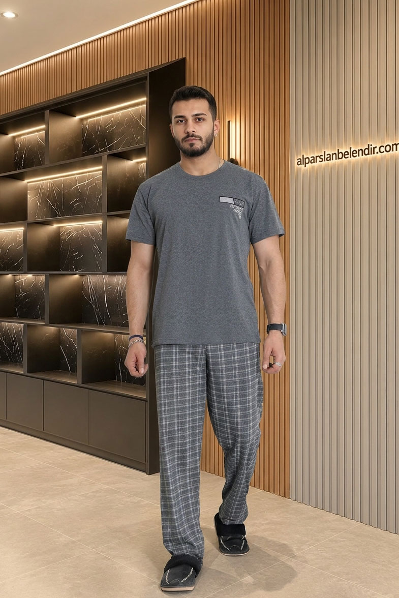 Süprem Ekose Erkek Pijama Takımı Füme