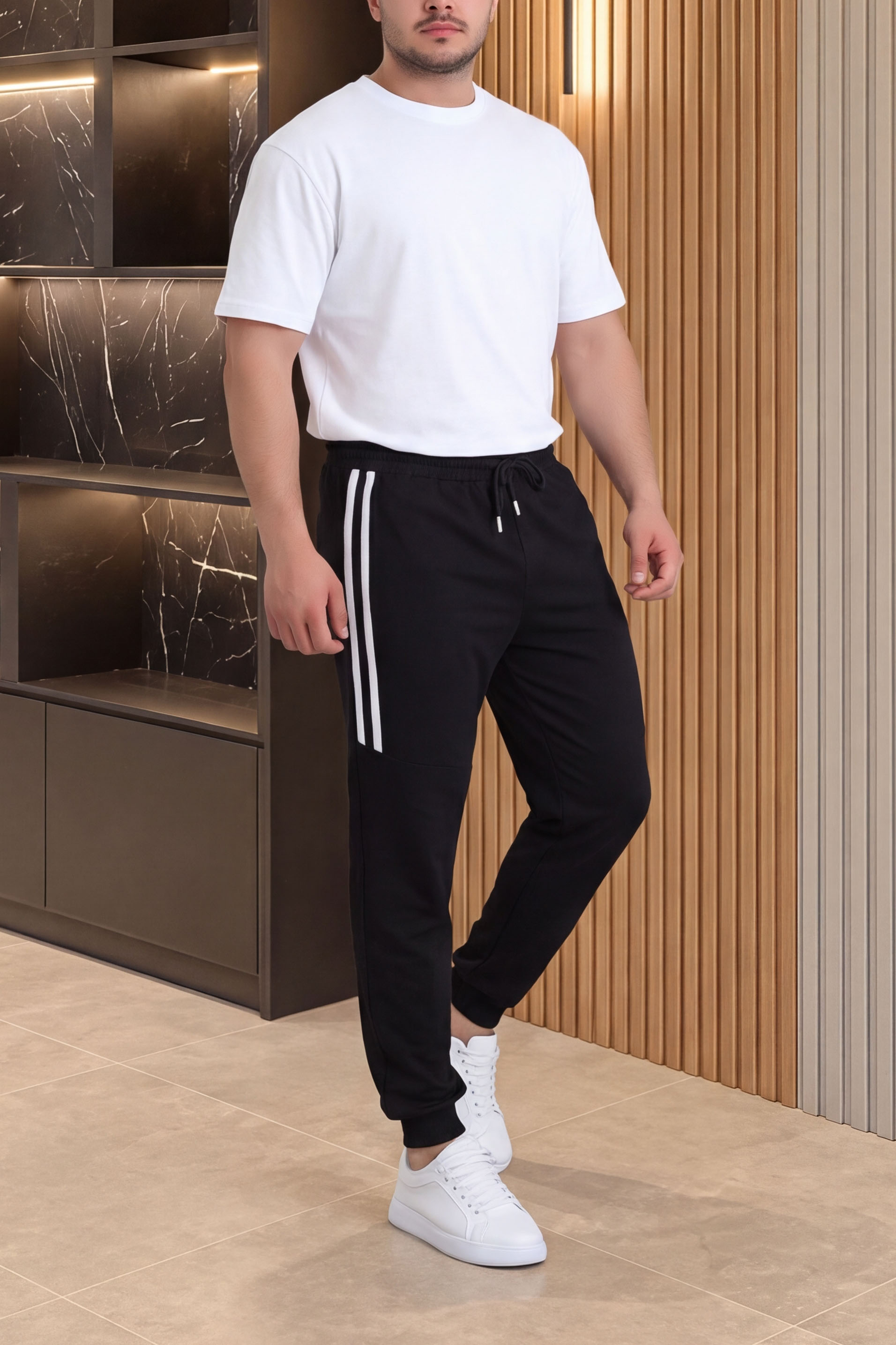 Erkek 2 İplik Şeritli Eşofman Altı Siyah