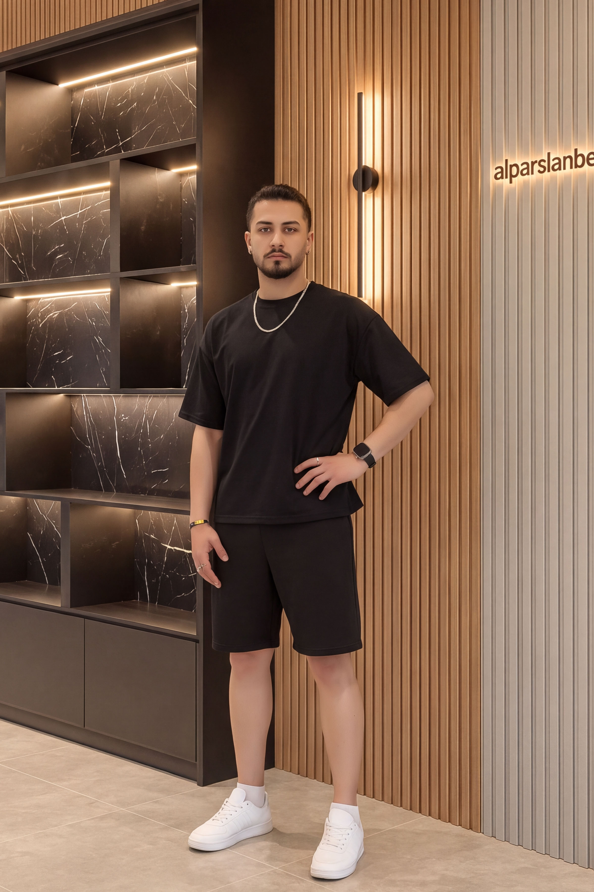 İki İplik Oversize Şortlu Erkek Takım Siyah