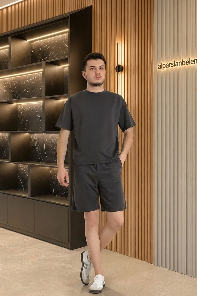 İki İplik Oversize Şortlu Erkek Takım Antrasit