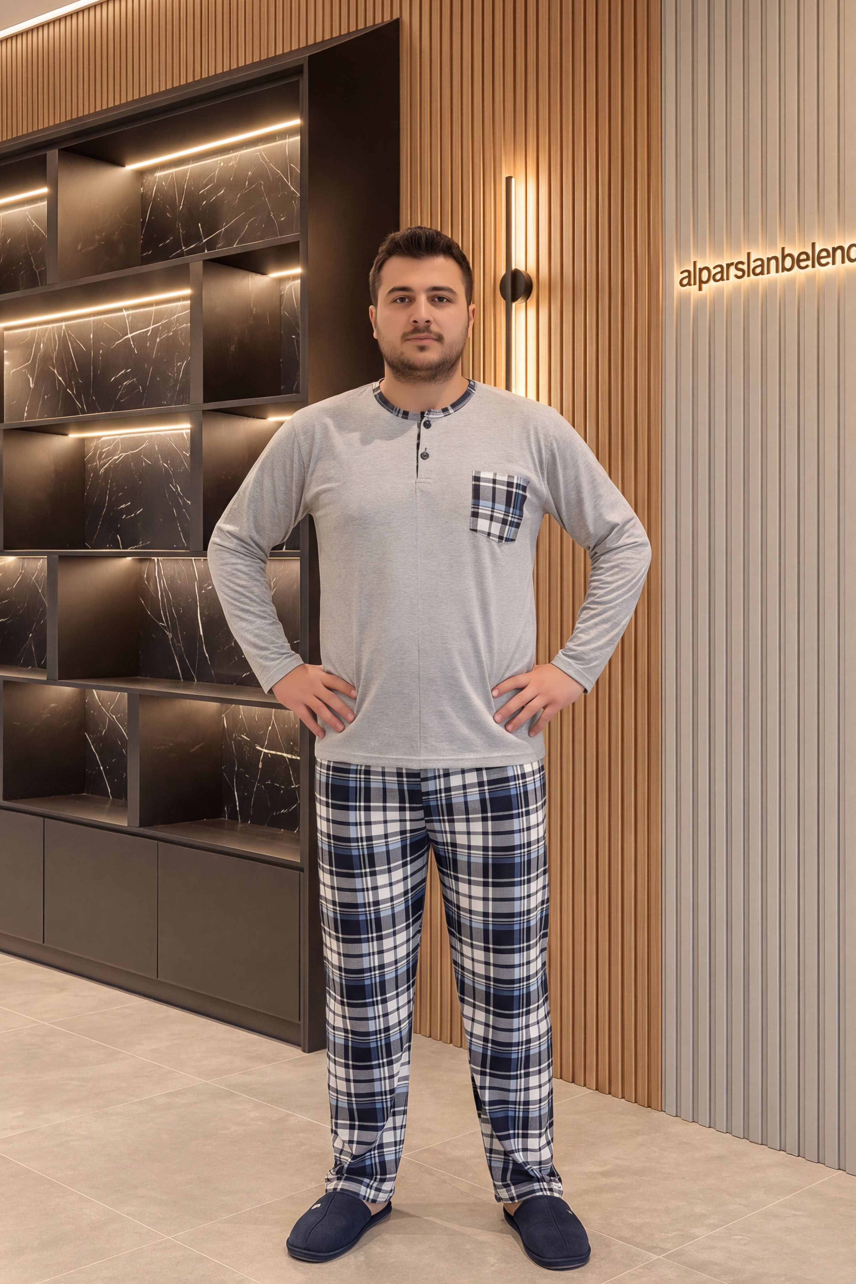 Erkek Süprem Patlı Ekose Pijama Takımı Gri