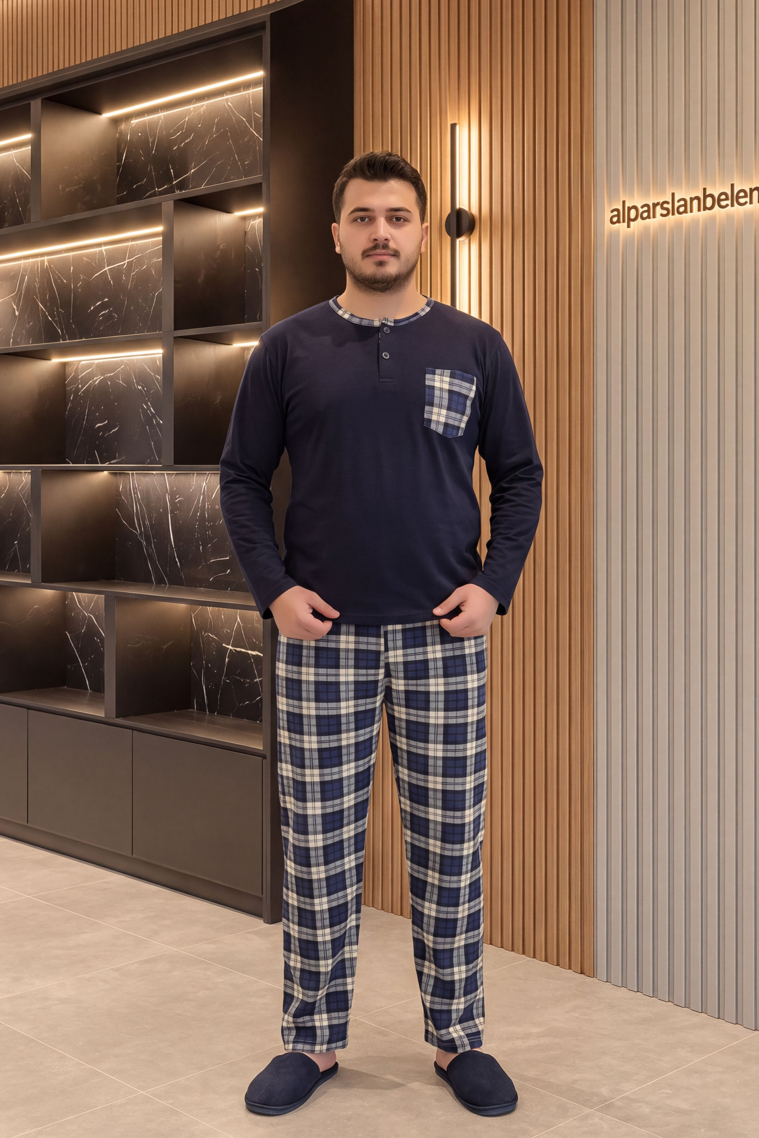 Erkek Süprem Patlı Ekose Pijama Takımı Lacivert