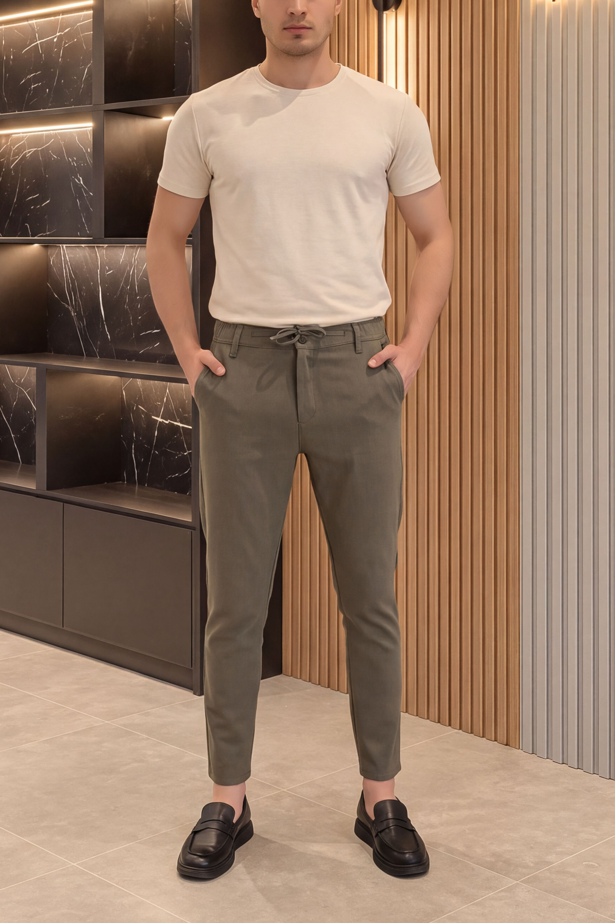 Dokuma Beli Lastikli Erkek Jogger Pantolon Koyuhaki