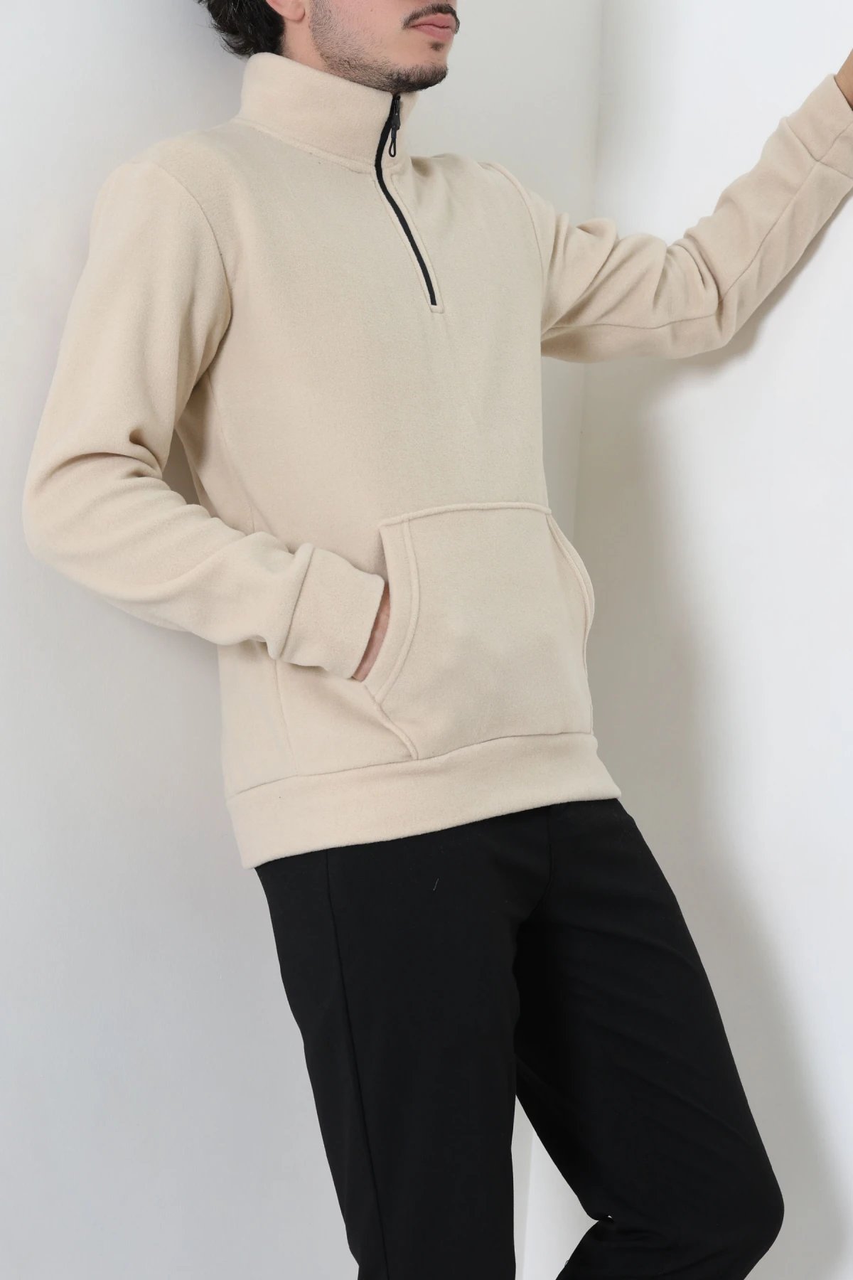 Yarım Fermuar Kanguru Cepli Erkek Polar Sweat Bej