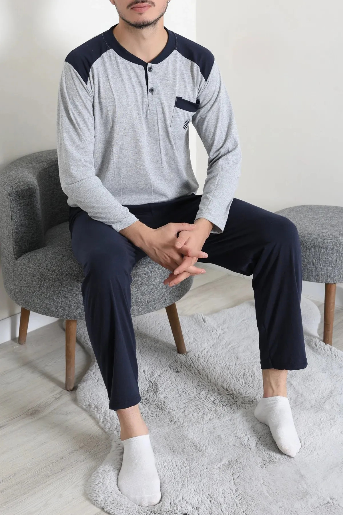 Süprem Nakışlı Erkek Pijama Takımı Gri