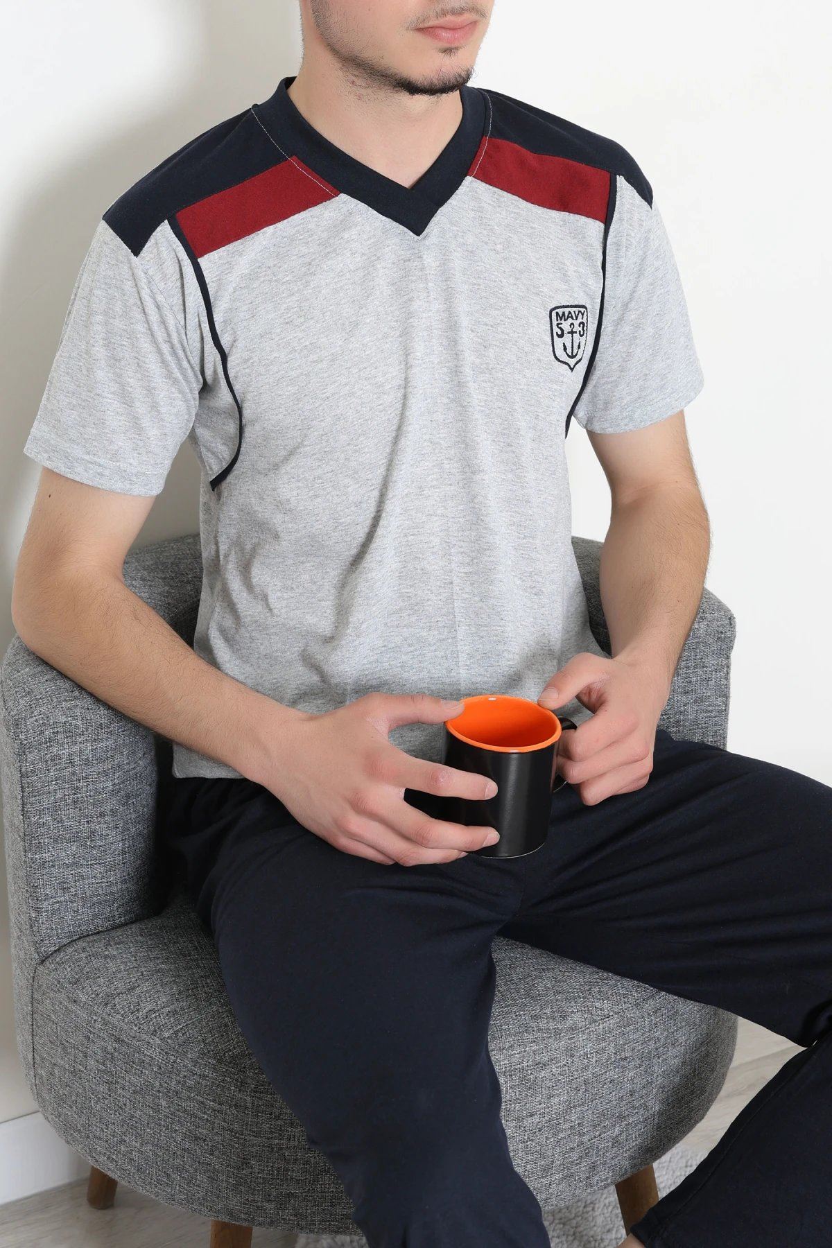 V Yaka Erkek Pijama Takımı Gri - 41534.1838.