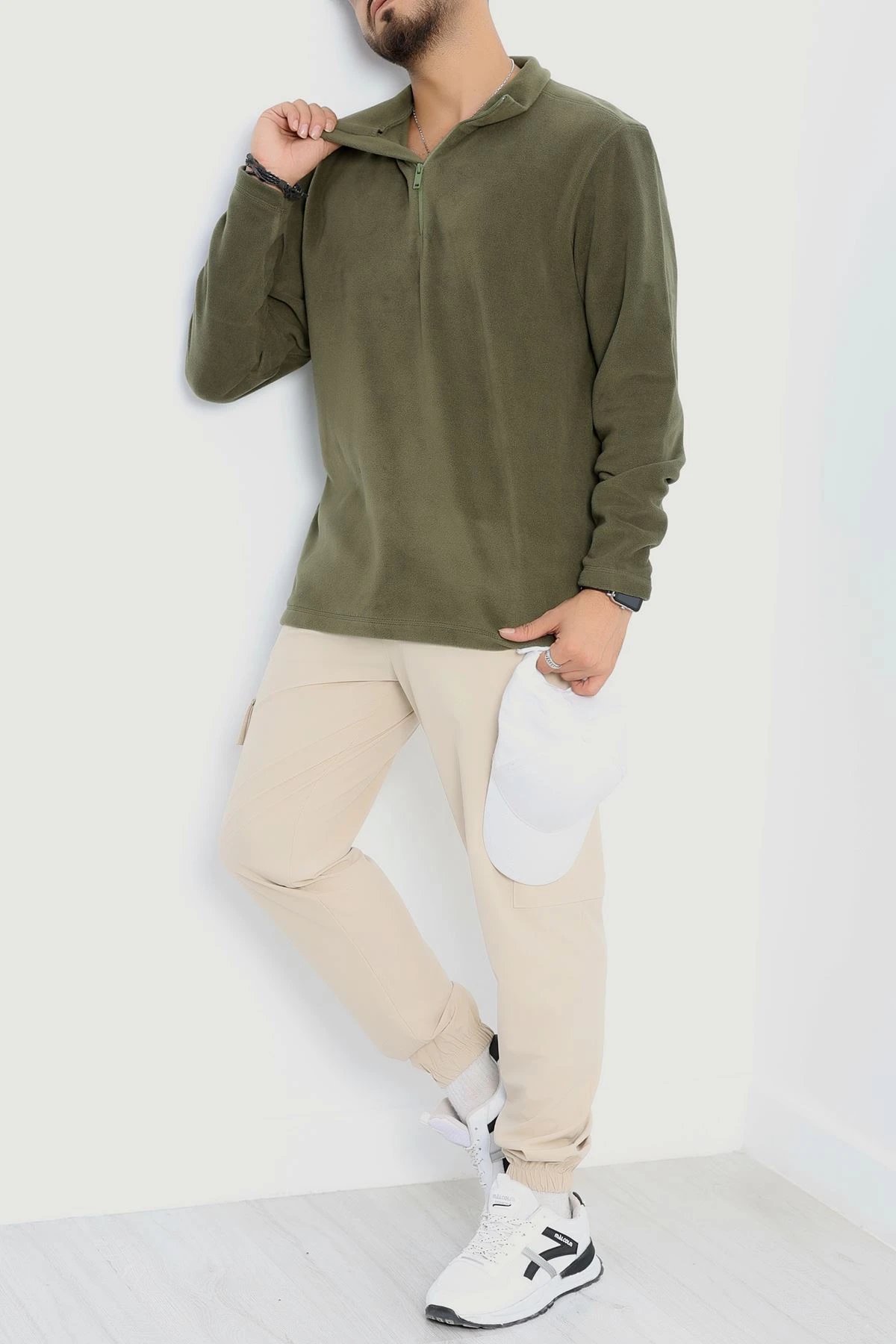 Yarım Fermuar Erkek Polar Sweat Haki