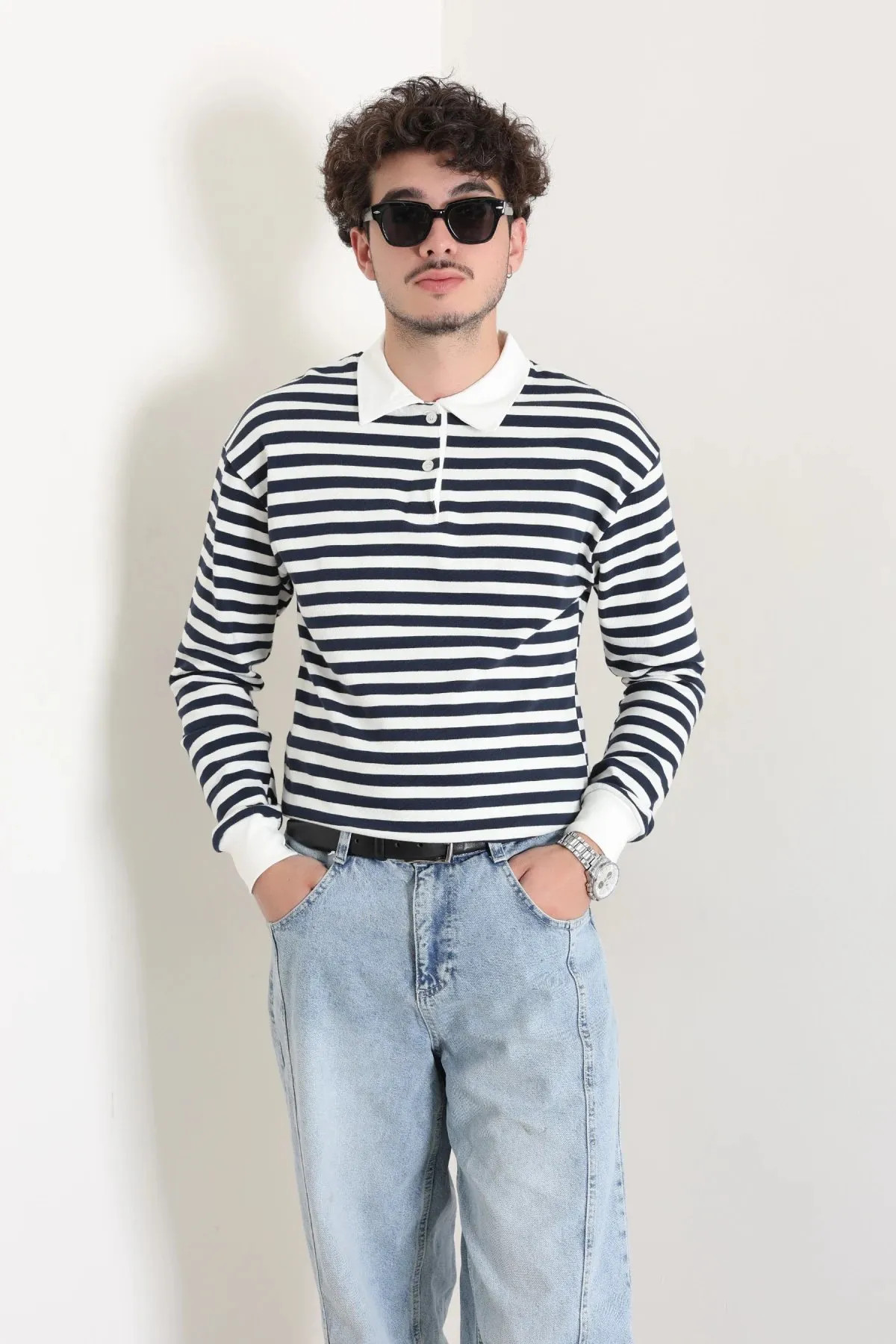 Polo Yaka Çizgili İnterlok Erkek Sweat Lacivertsarı