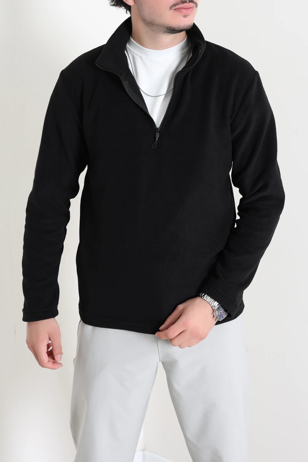 Yarım Fermuarlı Polar Erkek Sweat Siyah