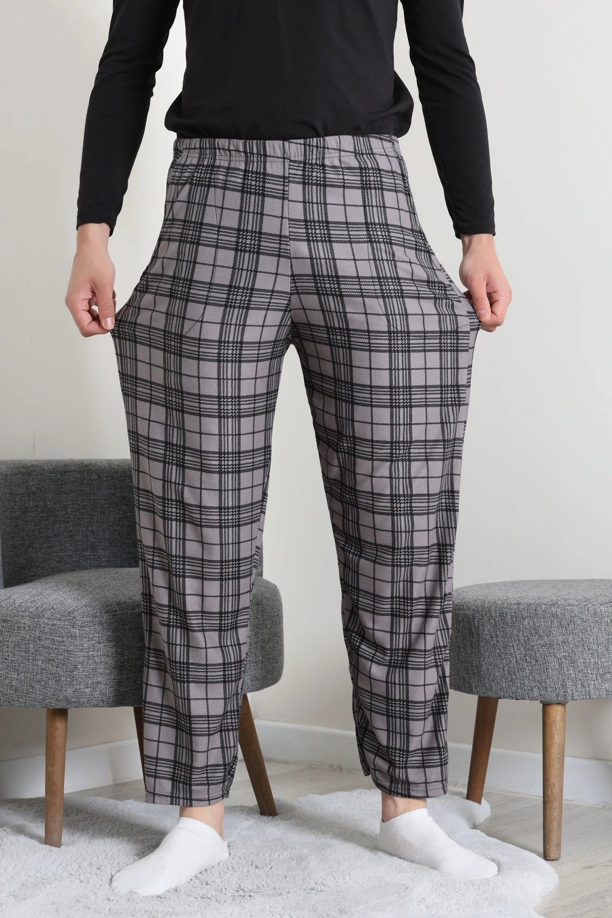 Süet Cepli Erkek Pijama Alt Gri