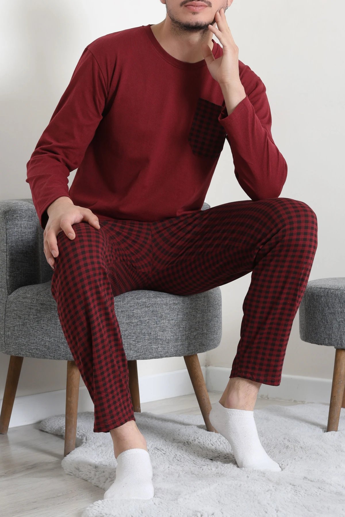 Süprem Ekoseli Baskılı Erkek Pijama Takımı Bordo