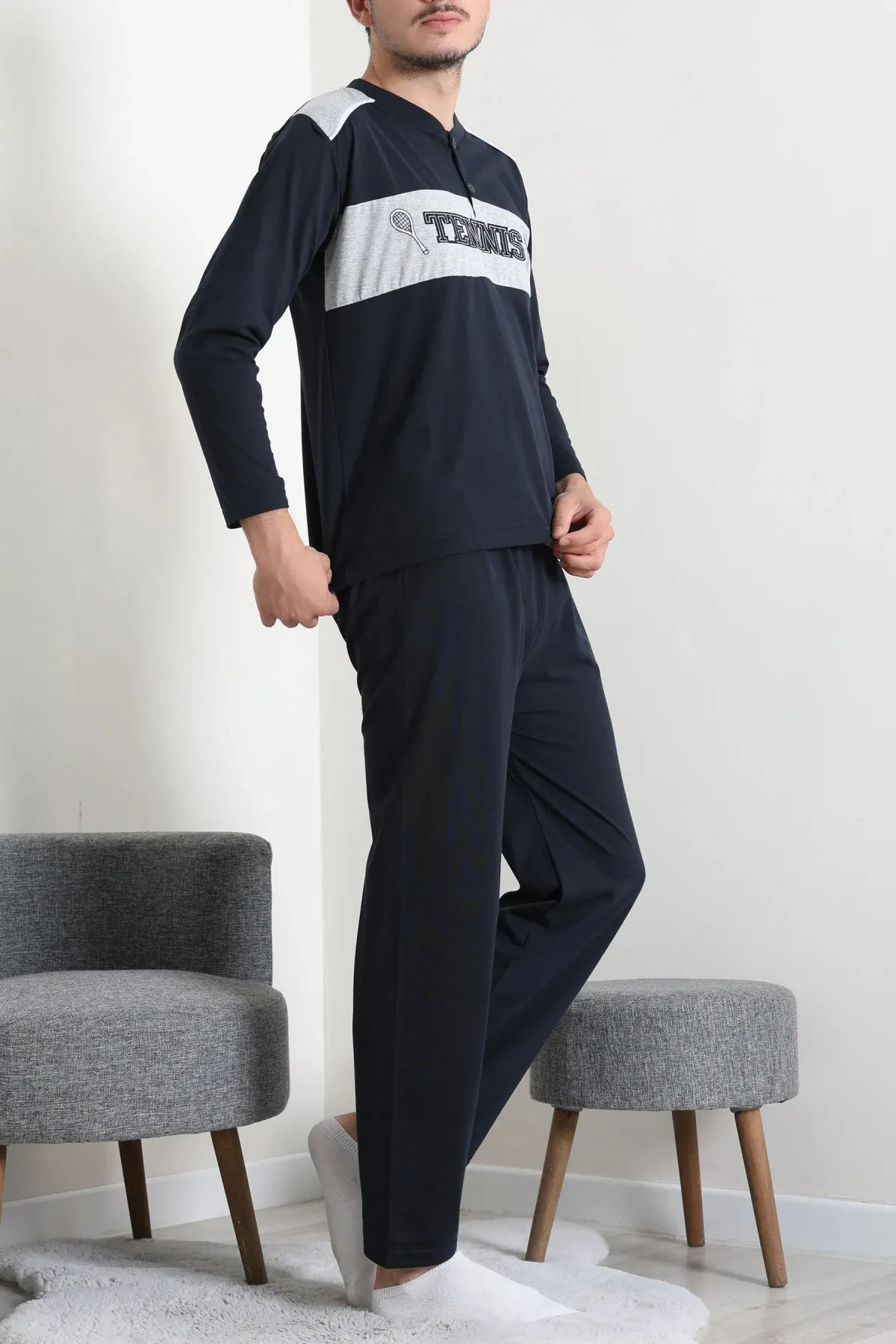 Süprem Patlı Garnili Erkek Pijama Takımı Lacivert