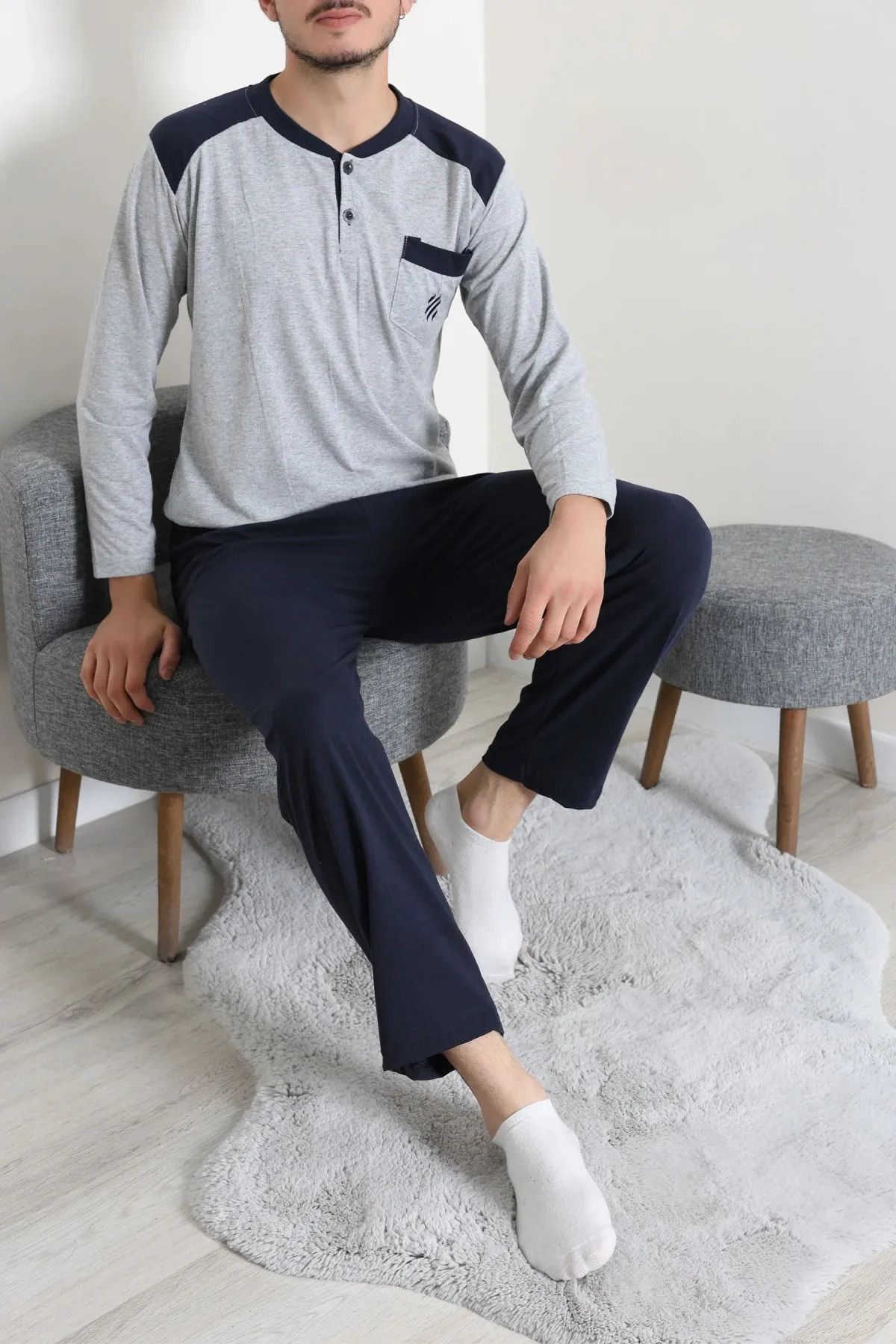 Süprem Nakışlı Erkek Pijama Takımı Gri