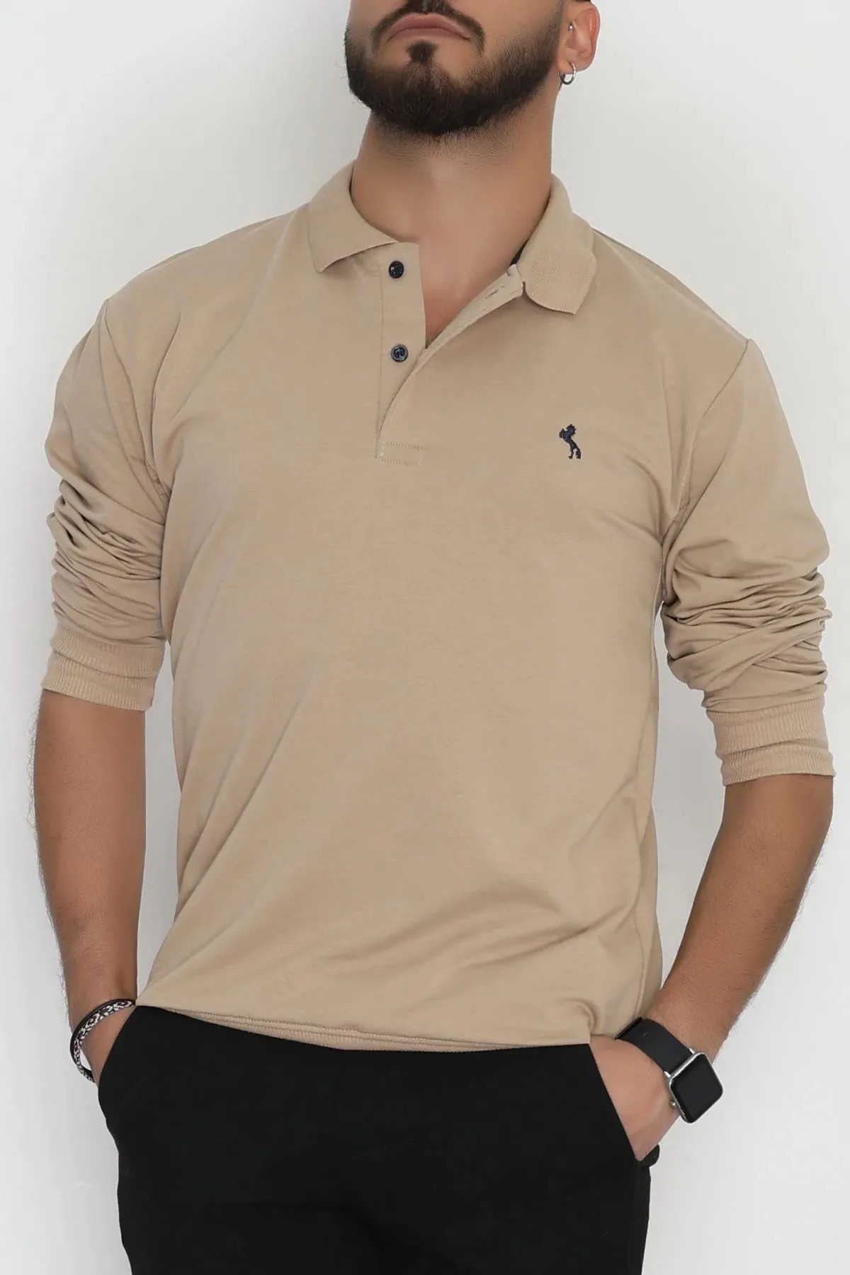 2 İplik Likralı Polo Yaka Erkek Sweat Sütlükahve