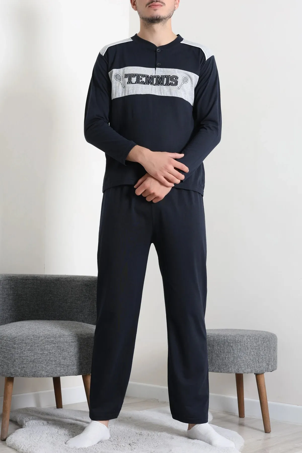 Süprem Patlı Garnili Erkek Pijama Takımı Lacivert
