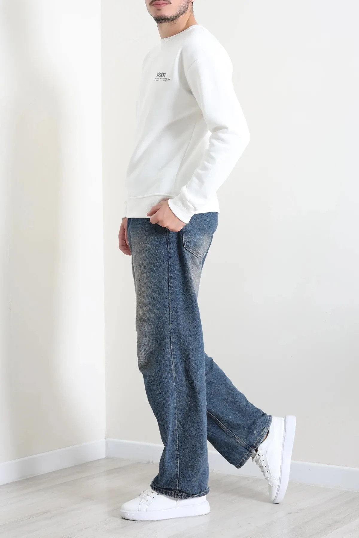 Bisiklet Yaka Baskılı Şardonlu 3 İplik Erkek Sweat Ekru