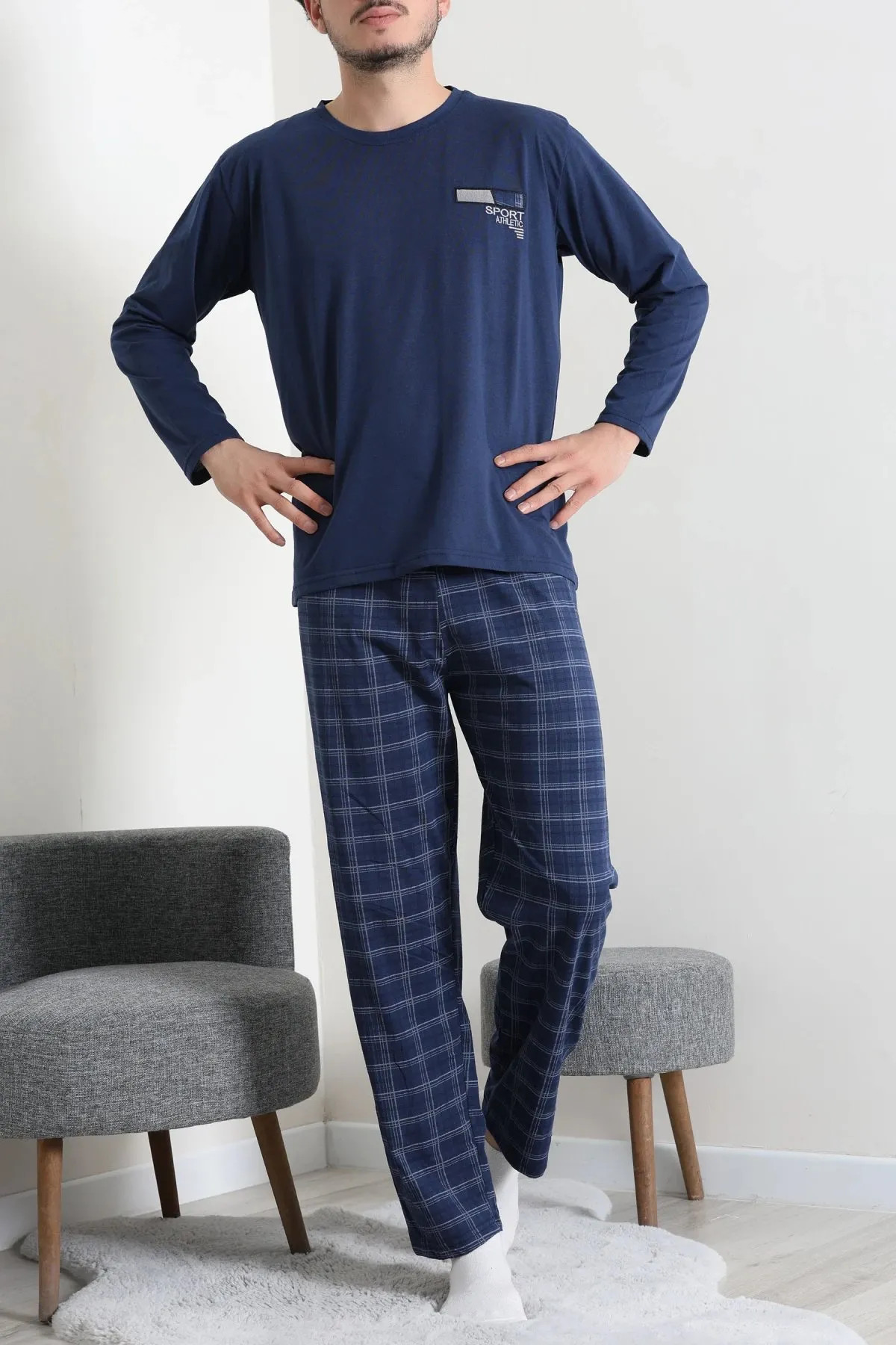 Süprem Ekose Erkek Pijama Takımı İndigo