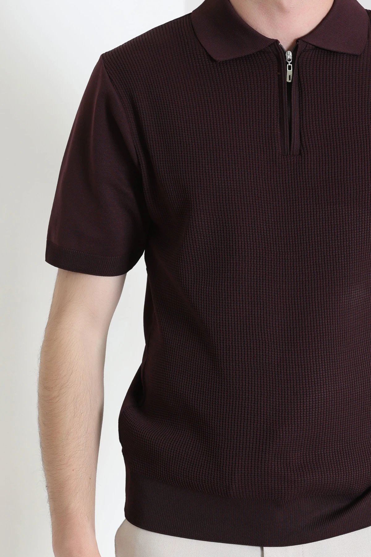 Polo Yaka Fermuarlı Kısa Kollu Erkek Triko Mürdüm - 71658.518.