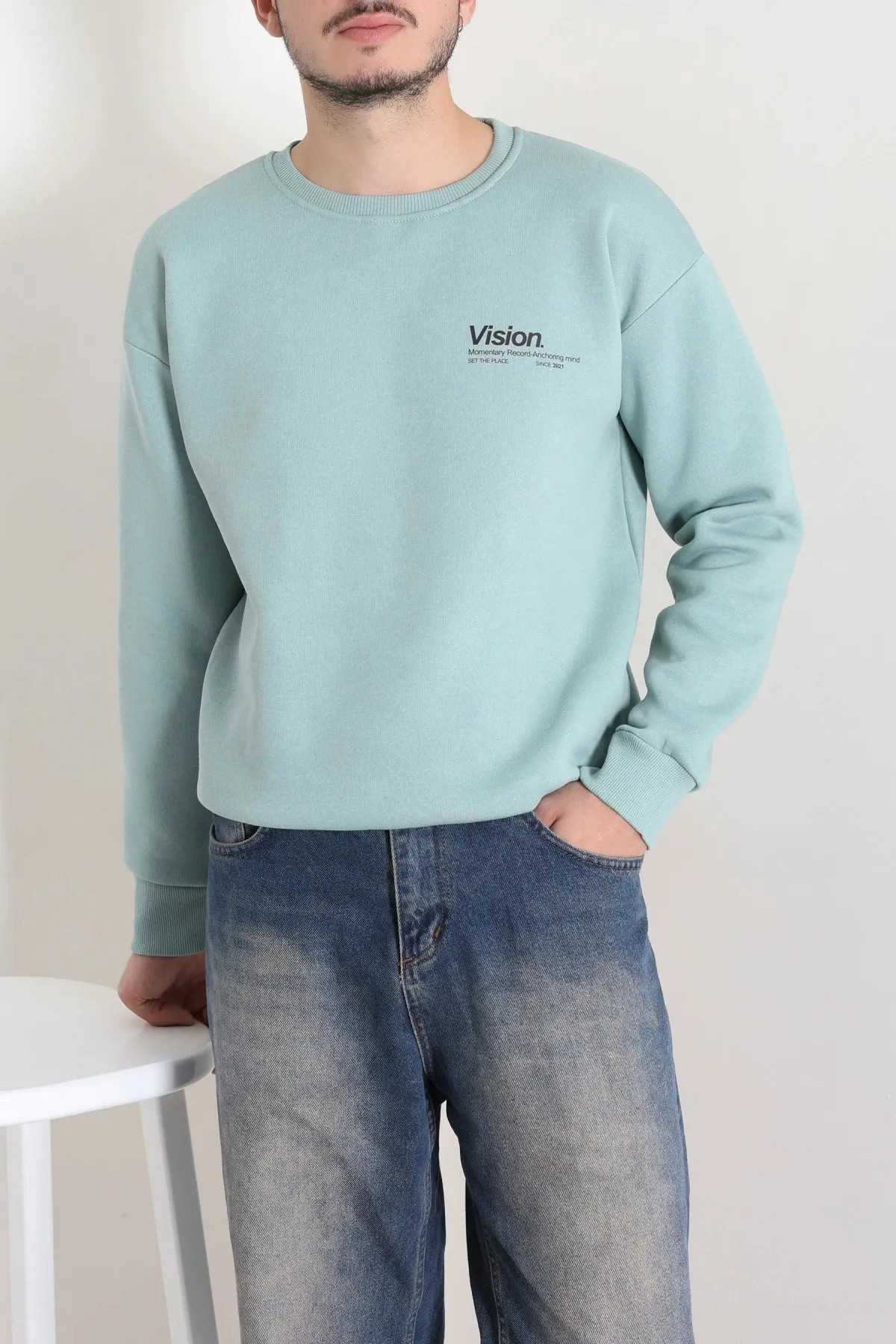 Bisiklet Yaka Baskılı Şardonlu 3 İplik Erkek Sweat Suyeşili