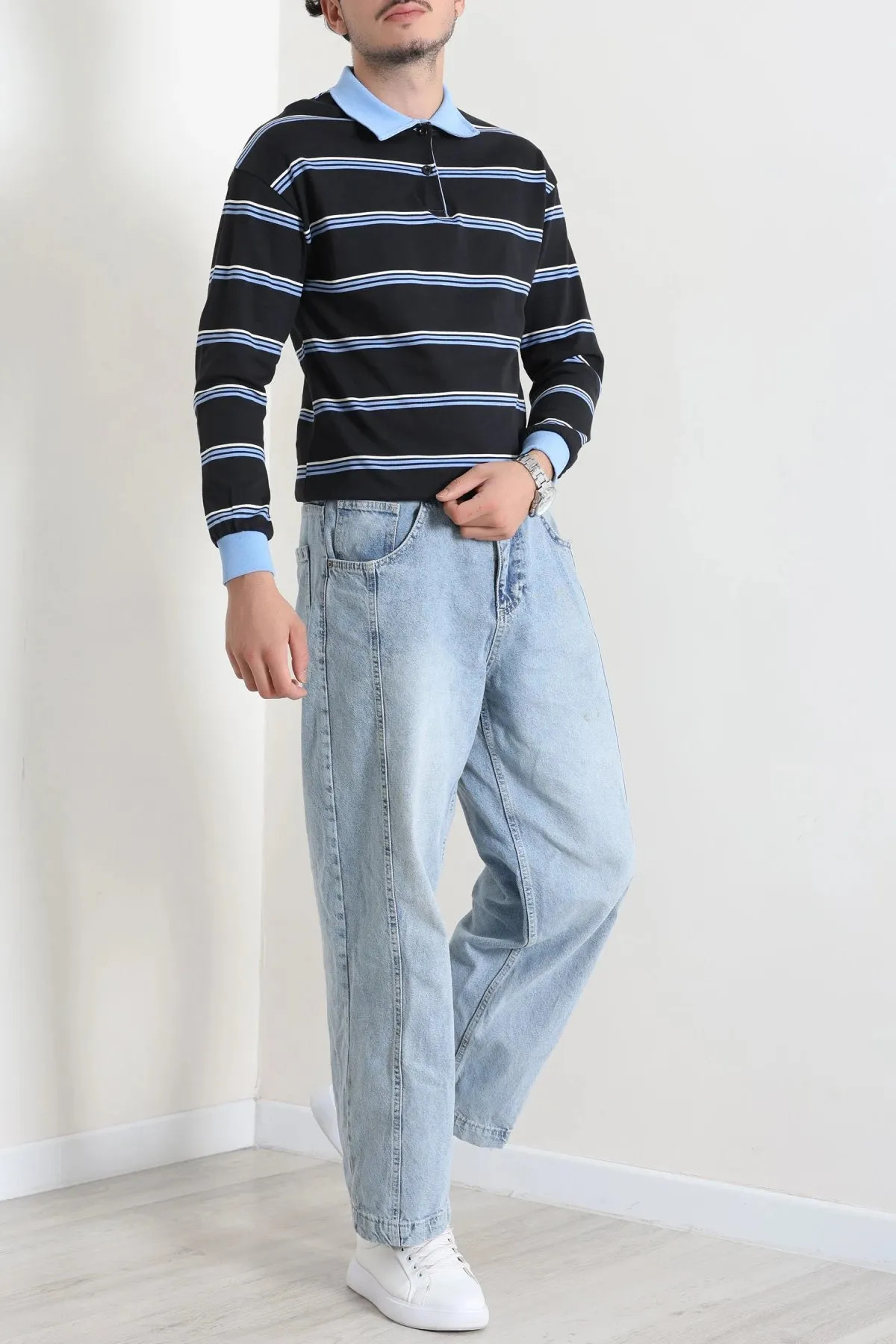 Polo Yaka Çizgili İnterlok Erkek Sweat Lacibeyaz