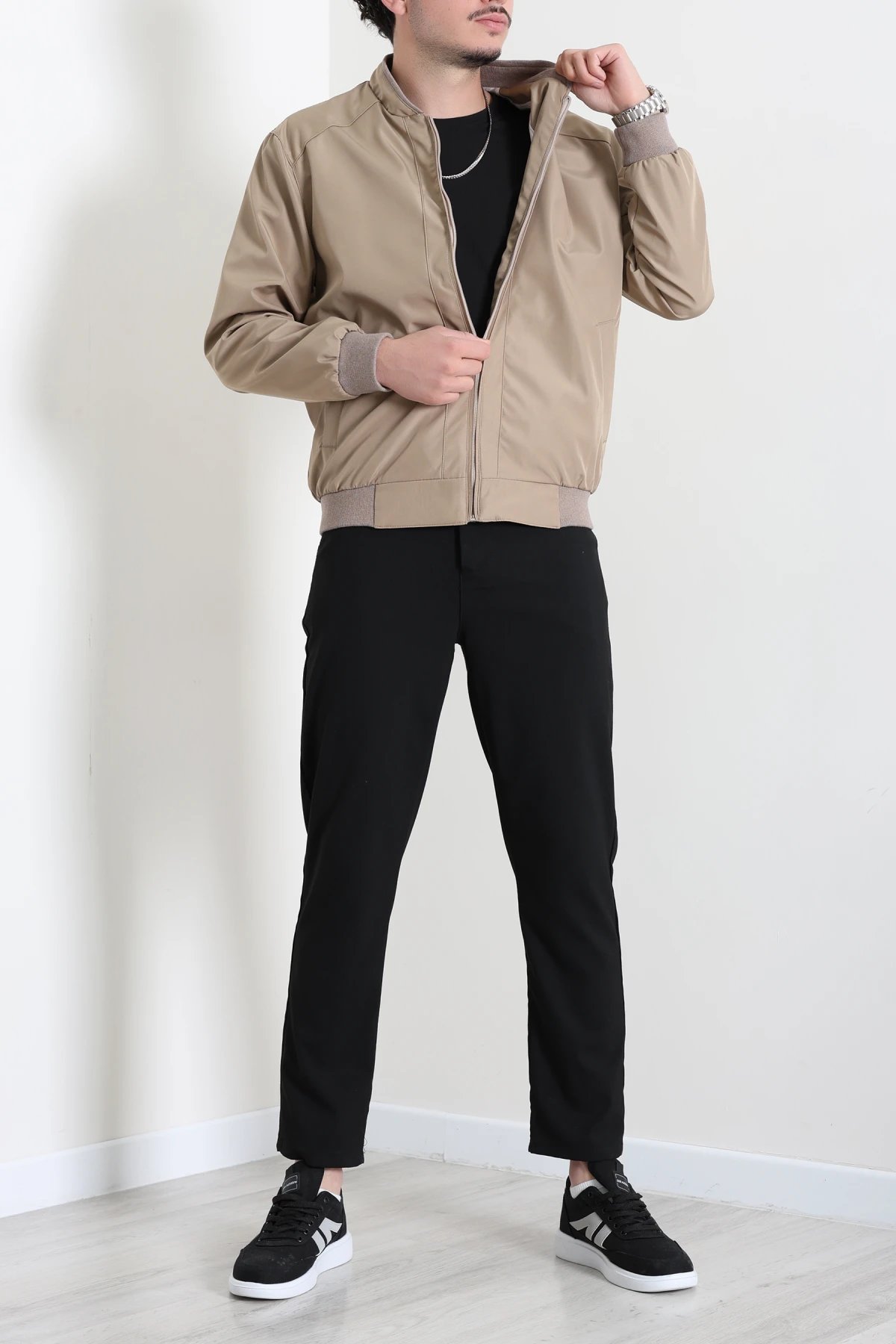 Bondit Dik Yaka Erkek Bomber Ceket Bej