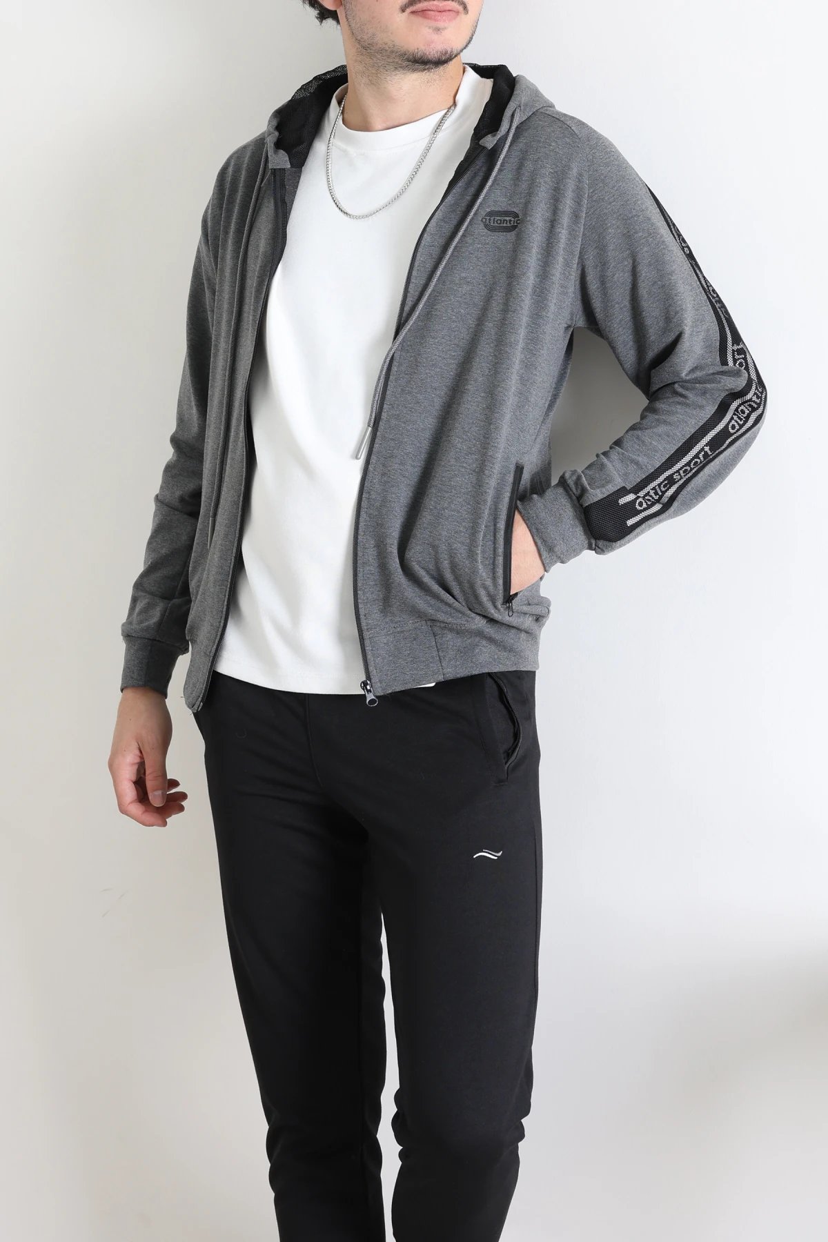 Kapüşonlu Şeritli Fermuarlı 2 İplik Erkek Sweatshirt Füme