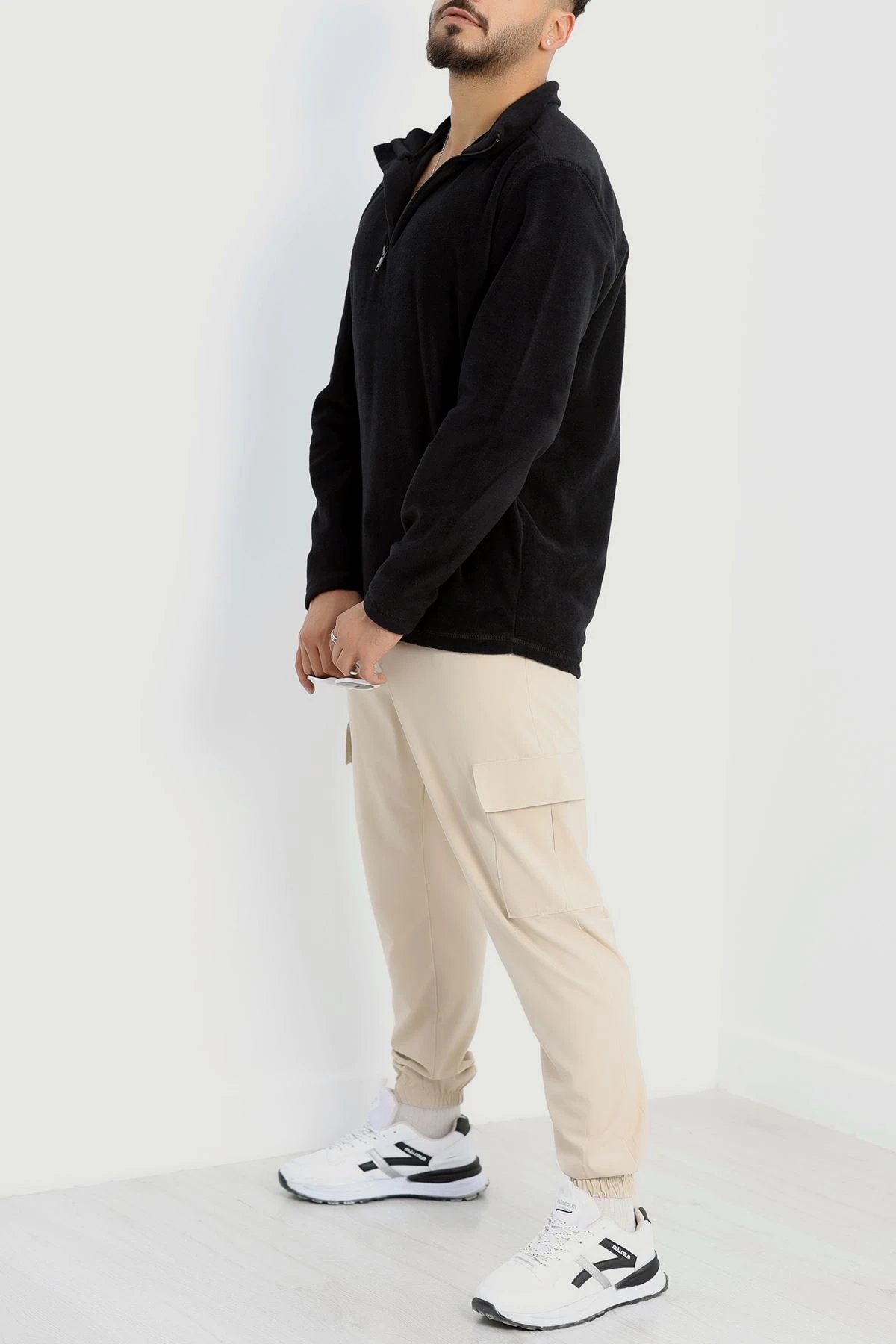 Yarım Fermuar Erkek Polar Sweat Siyah