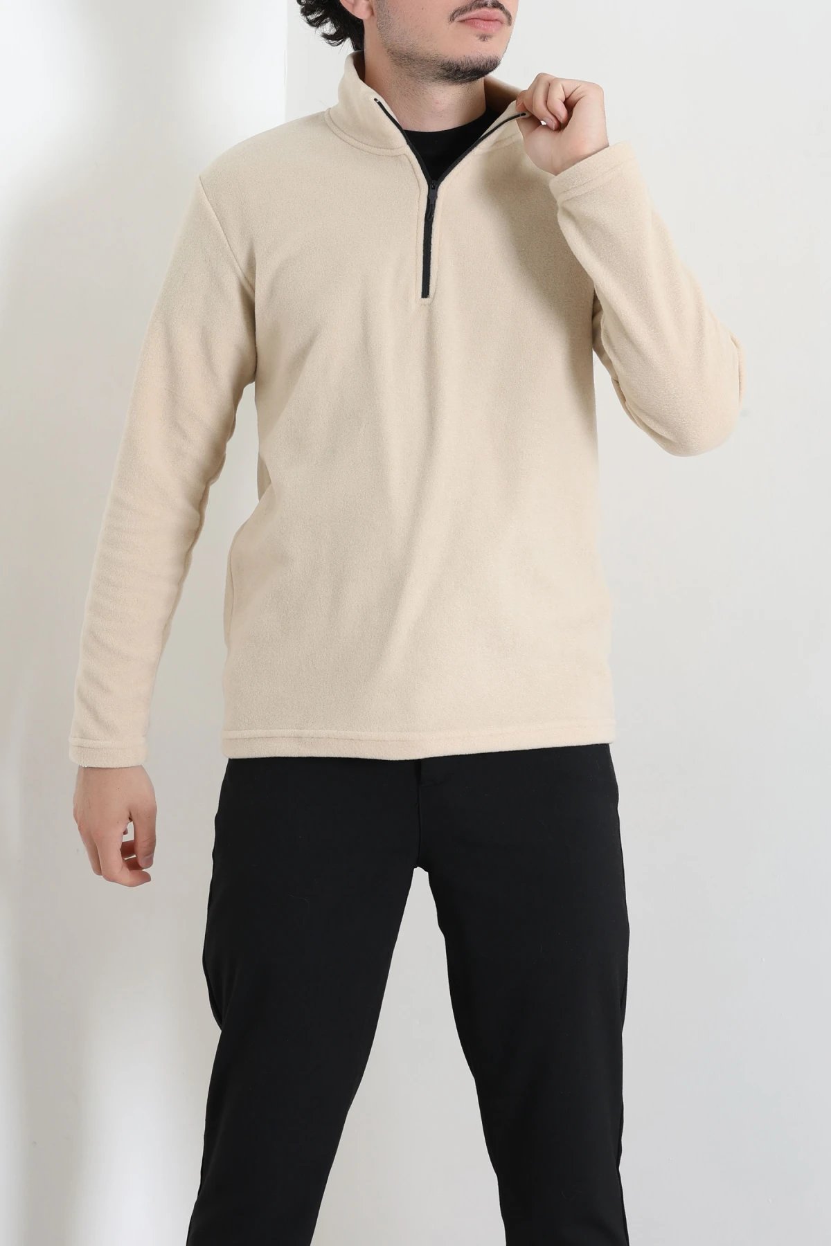 Yarım Fermuarlı Polar Erkek Sweat Bej