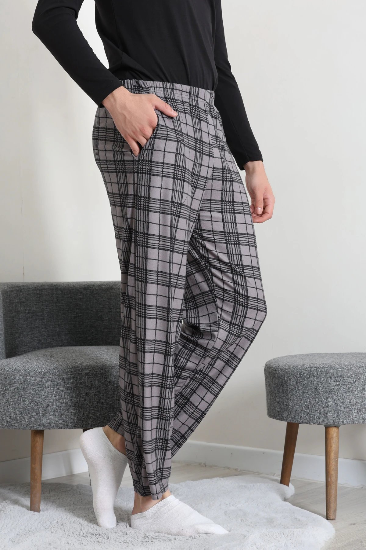 Süet Cepli Erkek Pijama Alt Gri