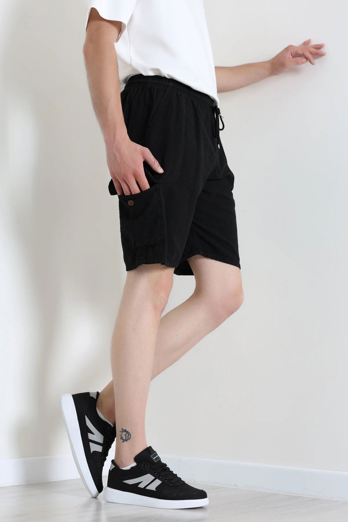 Keten Beli Lastik Kargo Cep Şort Siyah - 75184.2170.