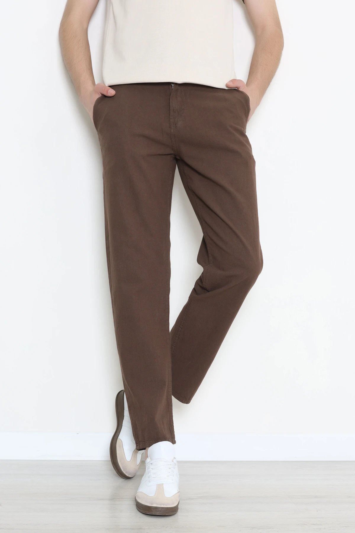 Regular Fit Keten Erkek Pantolon Kahve - 71879.1947.