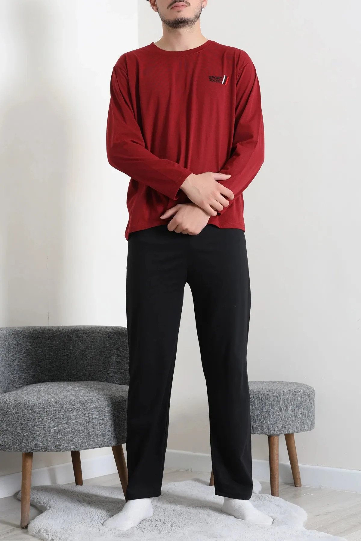 Süprem Nakışlı Erkek Pijama Takımı Bordo Model TV-96899