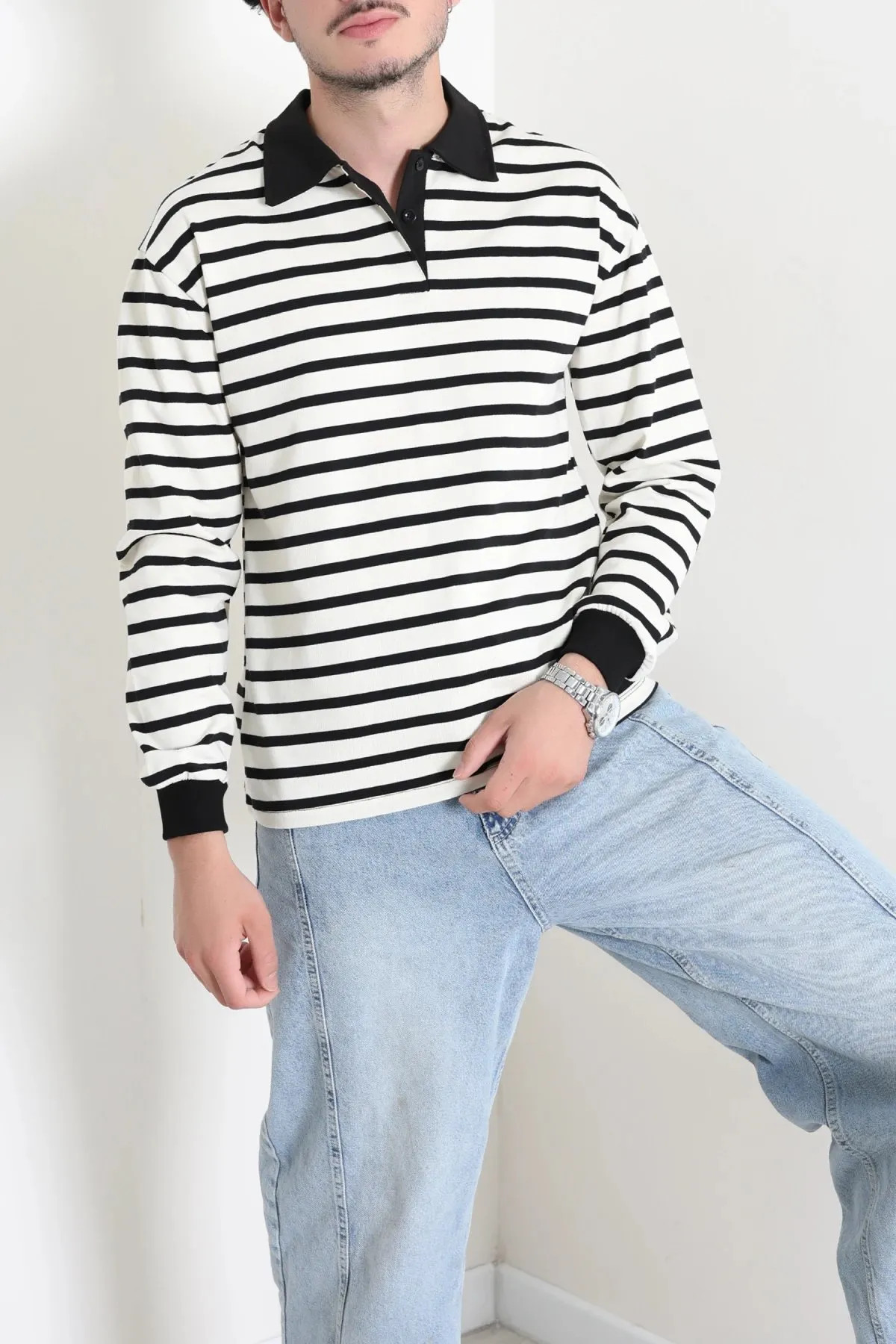 Polo Yaka Çizgili İnterlok Erkek Sweat Ekrusiyah