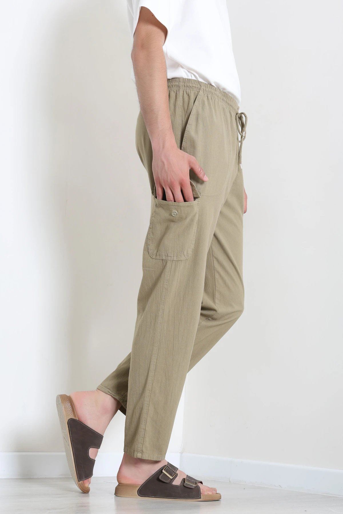 Keten Beli Lastikli Kargo Cepli Erkek Pantolon Açıkhaki - 75036.2170.