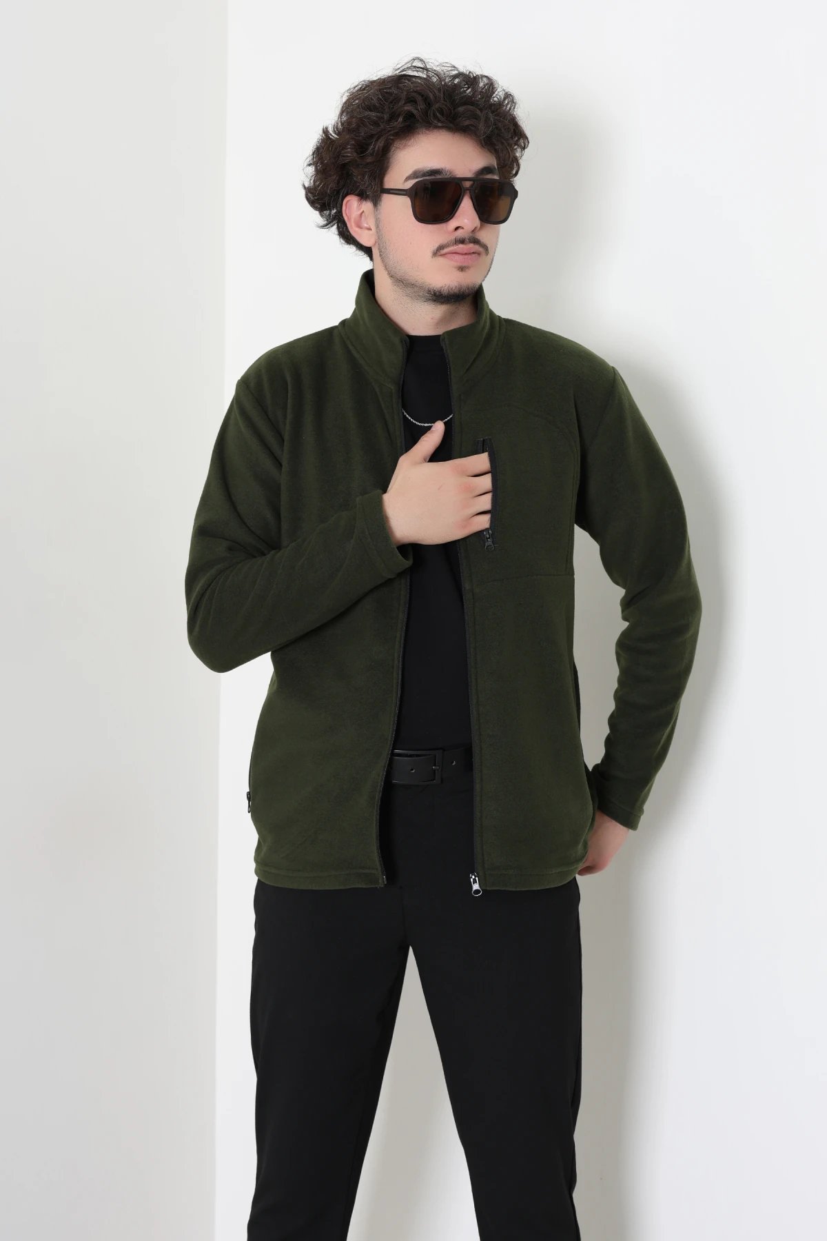 Polar Tam Fermuarlı 3 Cepli Erkek Outdoor Sweat Haki