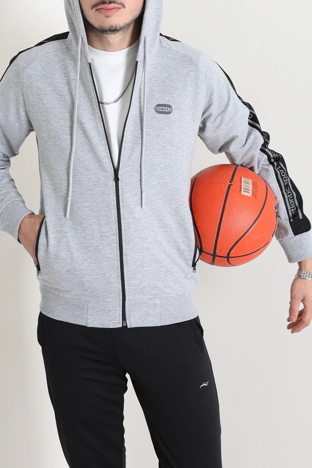 Kapüşonlu Şeritli Fermuarlı 2 İplik Erkek Sweatshirt Gri
