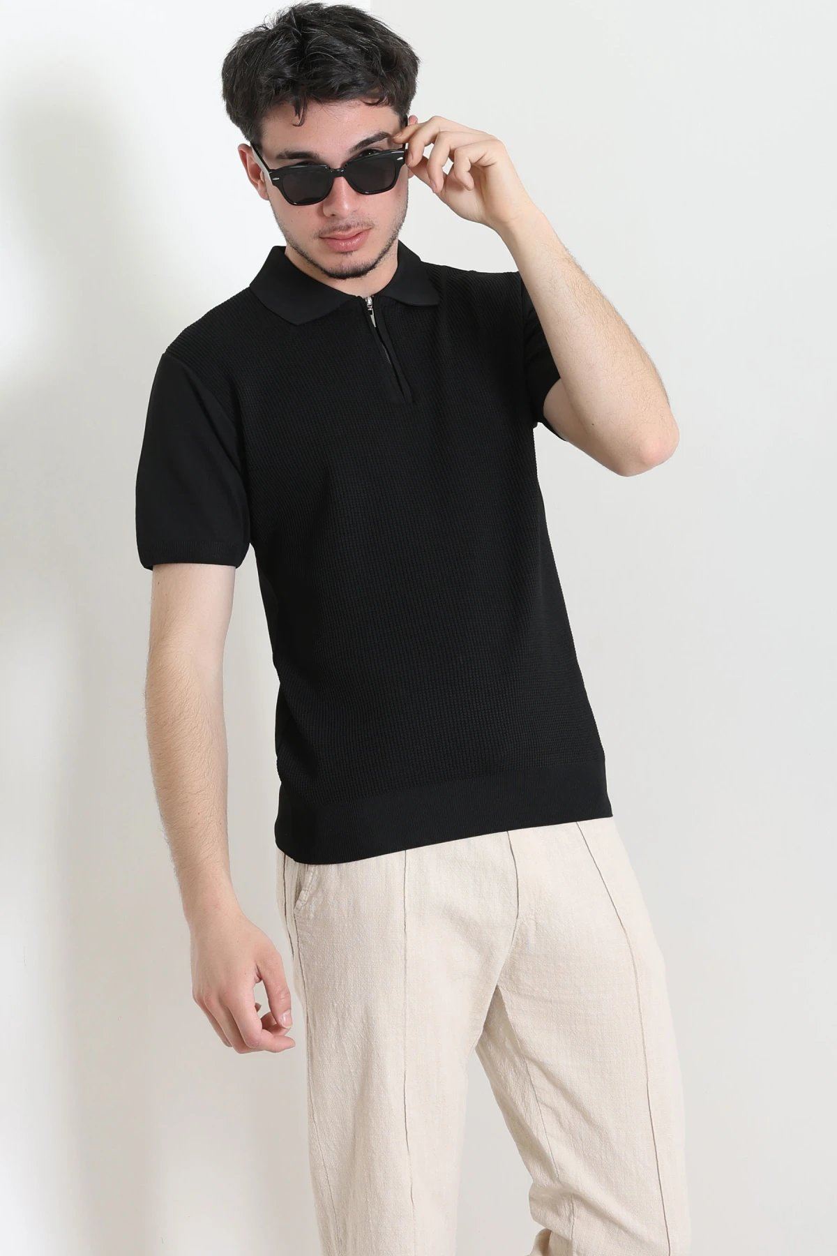 Polo Yaka Fermuarlı Kısa Kollu Erkek Triko Siyah - 71658.518.