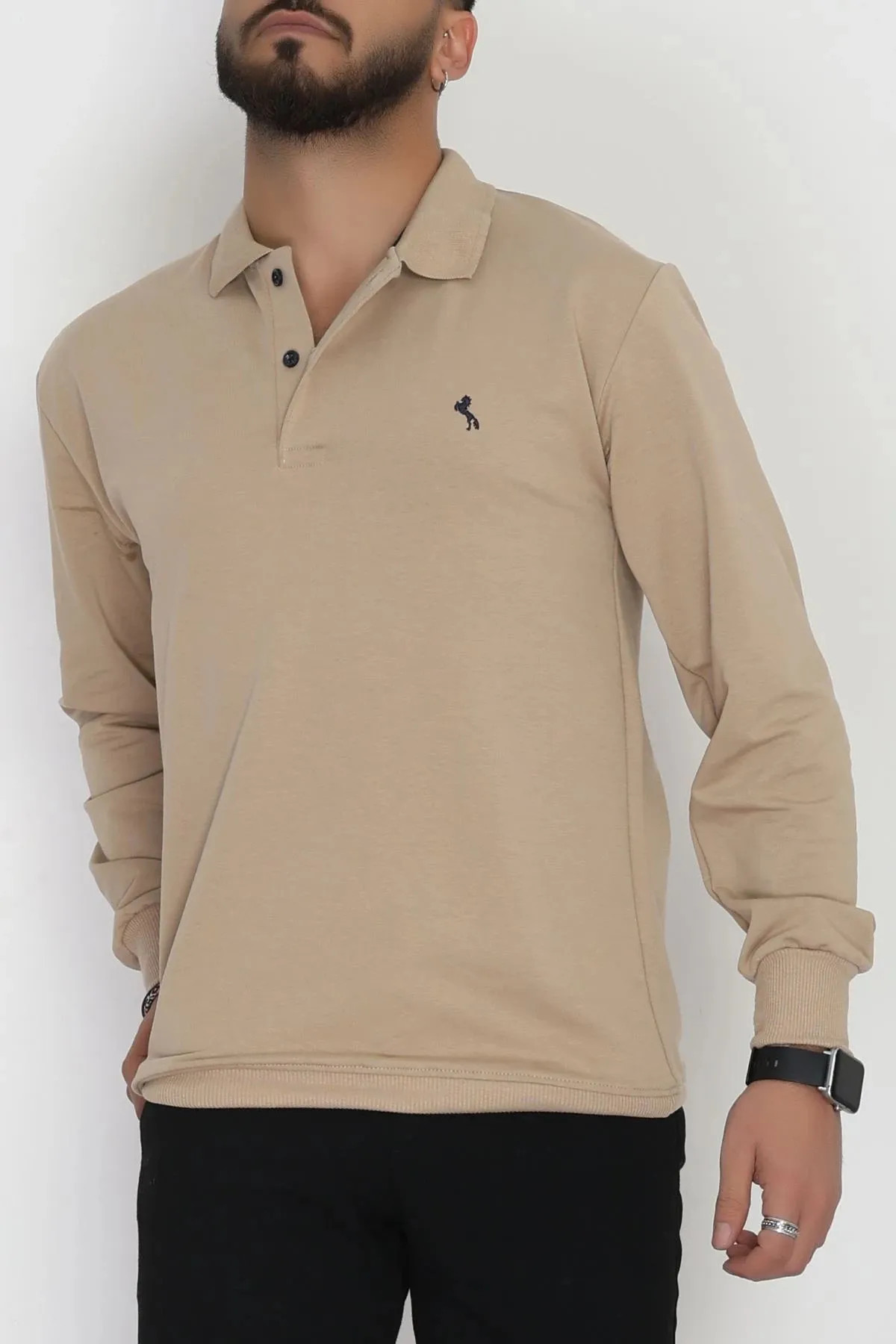 2 İplik Likralı Polo Yaka Erkek Sweat Sütlükahve