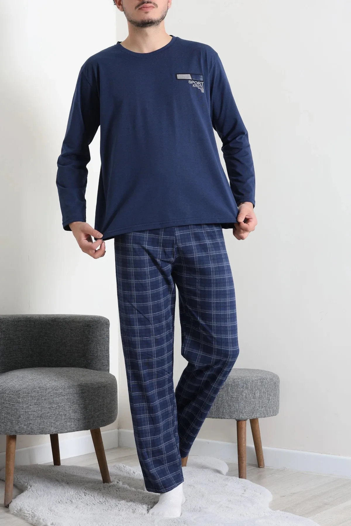 Süprem Ekose Erkek Pijama Takımı İndigo
