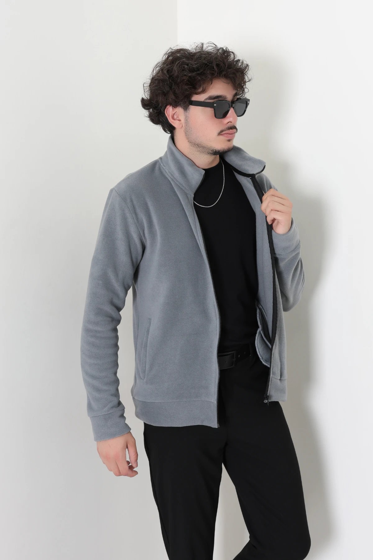 Polar Fleto Cepli Fermuarlı Erkek Sweat Füme